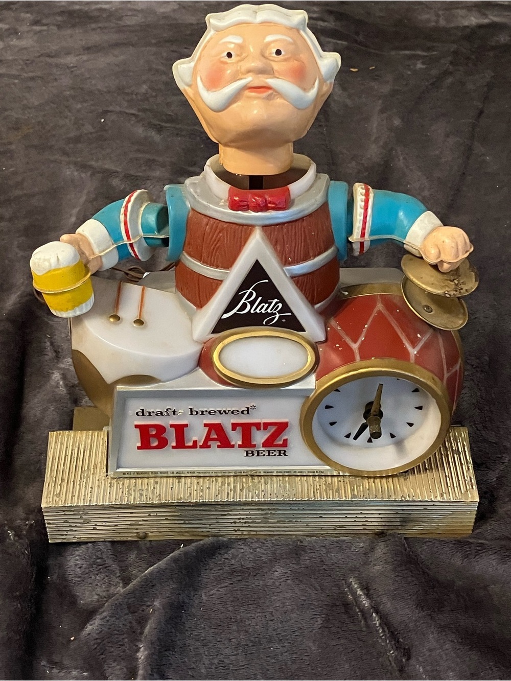 Blatz Beer Drummer Clock Sign Bar Display Vintage Light Up Barrel Keg Man c1960